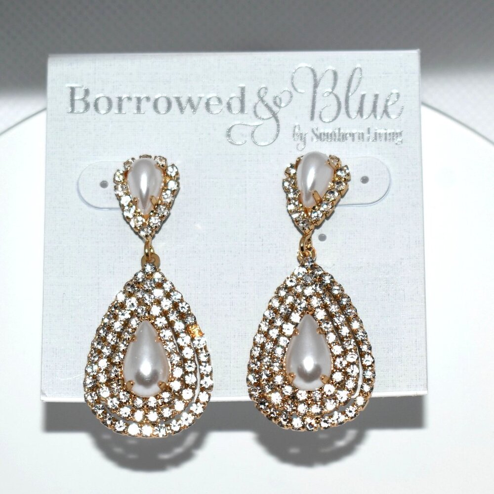 Borrowed & Blue Gold Teardrop Dangle Pearl & CZ Earrings #BBEC4091CRPL NWT